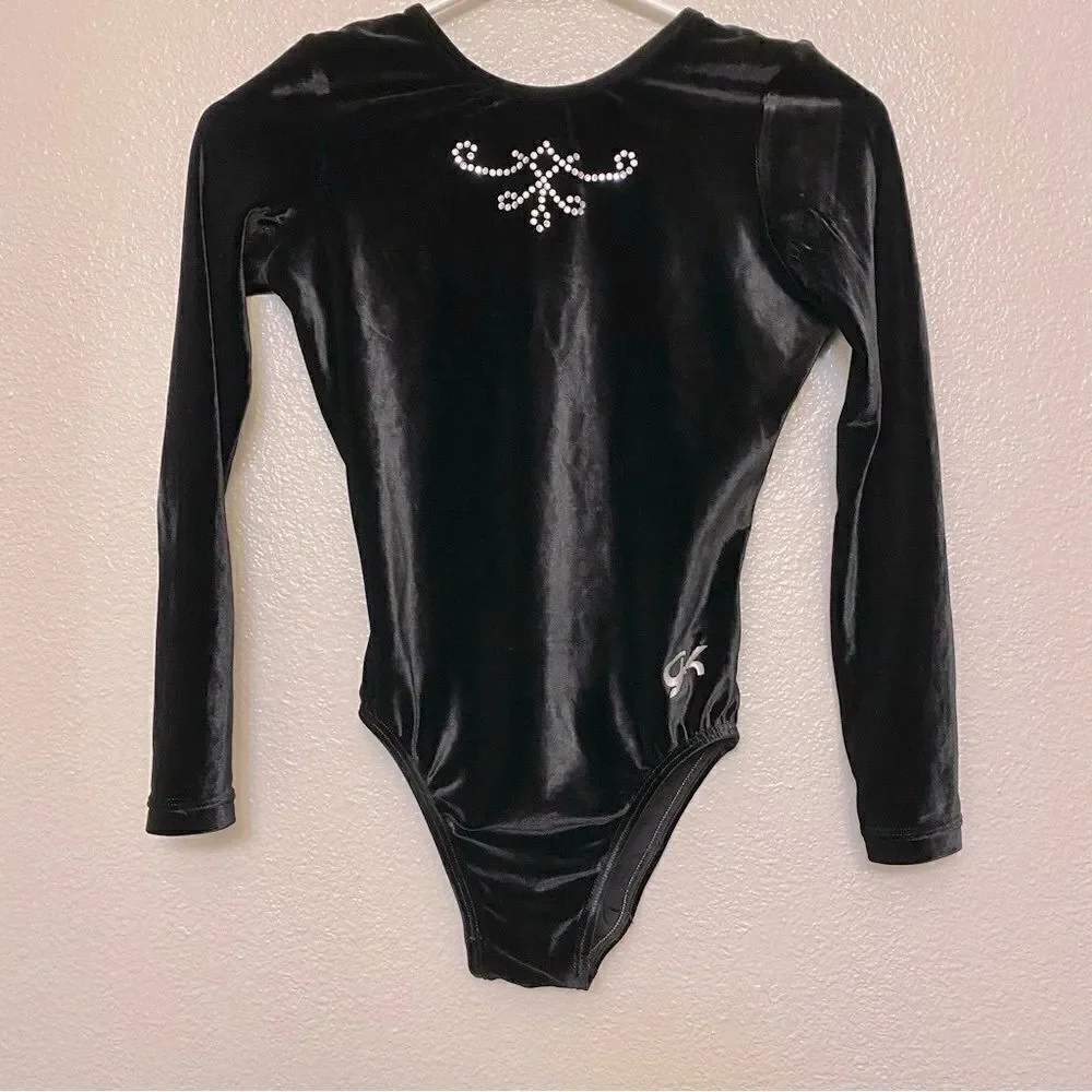 GK elite gymnastics competition leotard long sleeve black velvet rhinestone -S